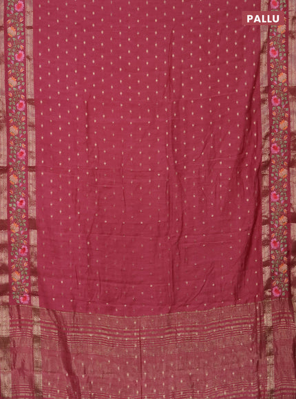 Semi chanderi saree peach pink with allover zari woven buttas and floral embroidery border