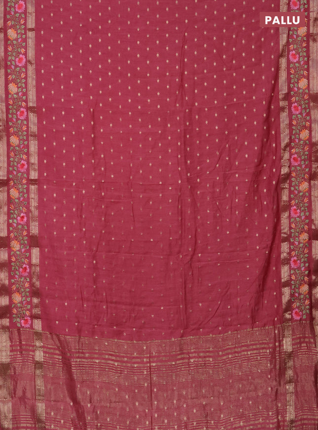 Semi chanderi saree peach pink with allover zari woven buttas and floral embroidery border