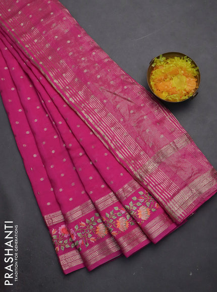 Semi chanderi saree pink with allover zari woven buttas and floral embroidery border