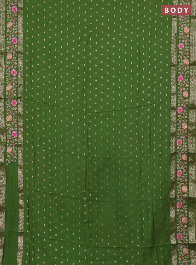 Semi chanderi saree light green with allover zari woven buttas and floral embroidery border