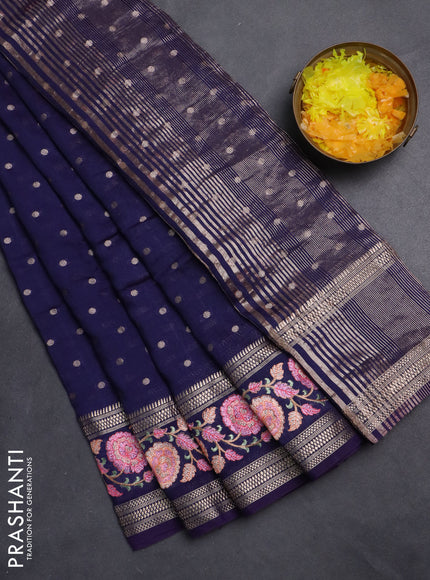 Semi chanderi saree dark blue with allover zari woven buttas and floral embroidery border