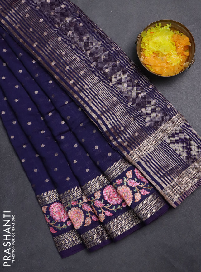 Semi chanderi saree dark blue with allover zari woven buttas and floral embroidery border