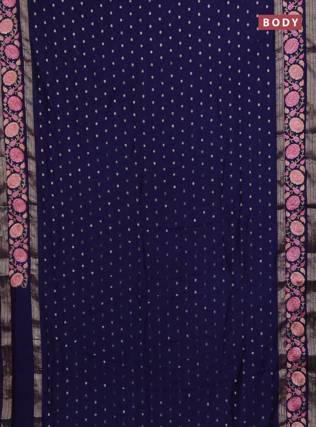 Semi chanderi saree dark blue with allover zari woven buttas and floral embroidery border