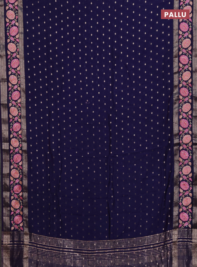 Semi chanderi saree dark blue with allover zari woven buttas and floral embroidery border
