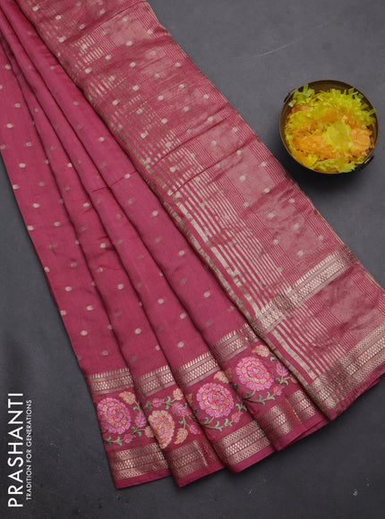 Semi chanderi saree pink shade with allover zari woven buttas and floral embroidery border