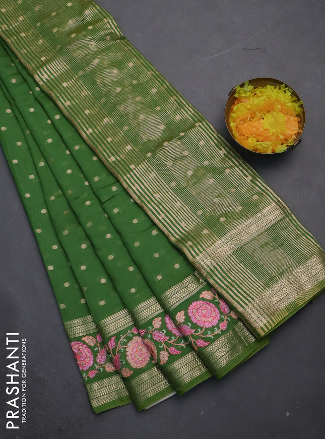 Semi chanderi saree light green with allover zari woven buttas and floral embroidery border