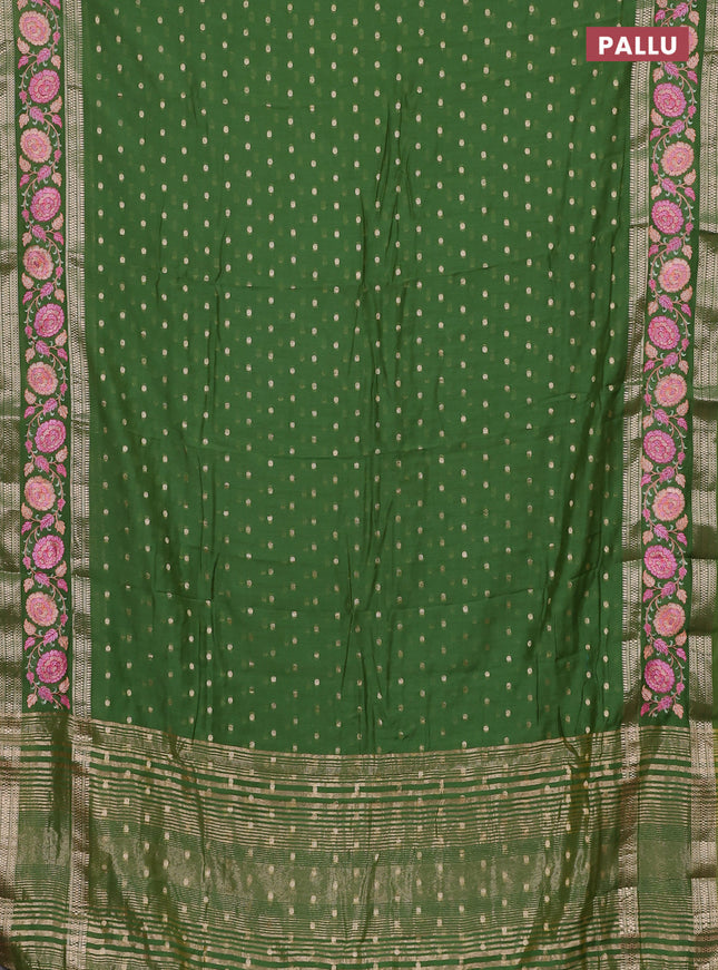 Semi chanderi saree light green with allover zari woven buttas and floral embroidery border