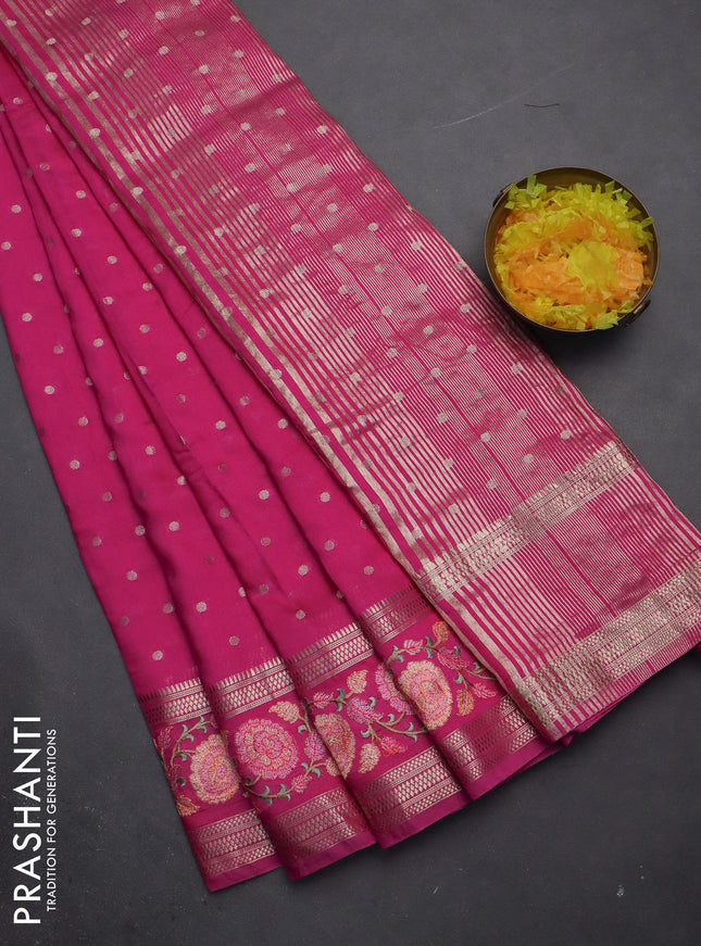 Semi chanderi saree pink with allover zari woven buttas and floral embroidery border