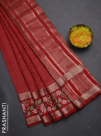 Semi chanderi saree red with allover zari woven buttas and floral embroidery border