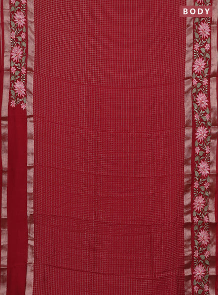 Semi chanderi saree red with allover zari woven buttas and floral embroidery border