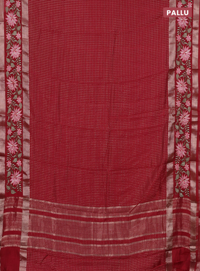 Semi chanderi saree red with allover zari woven buttas and floral embroidery border