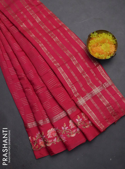Semi chanderi saree pink with allover zari woven geometric weaves and floral embroidery border