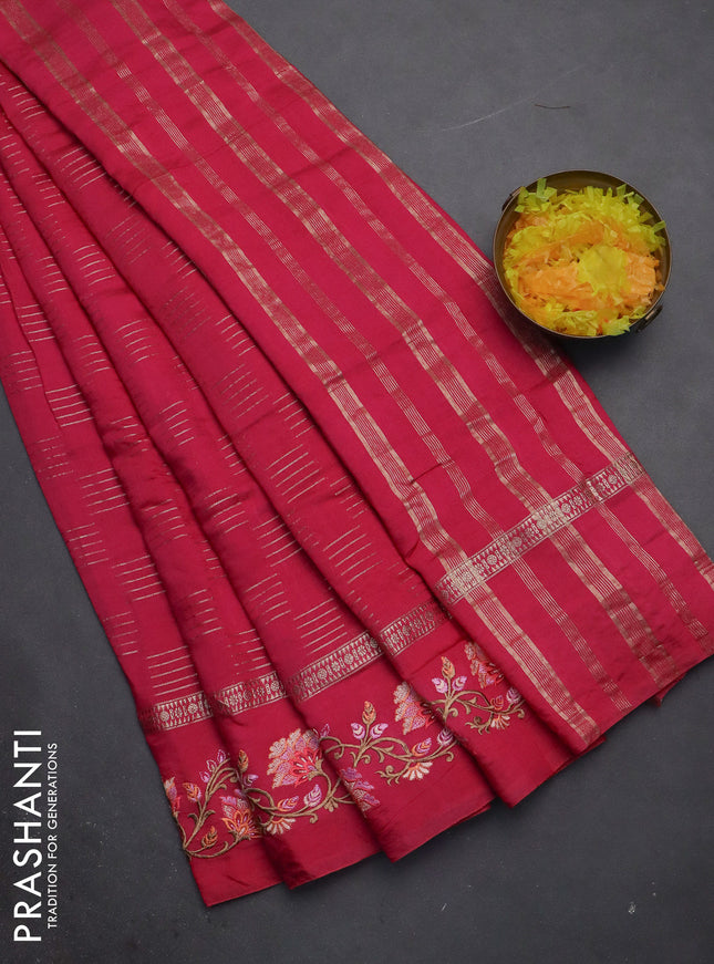 Semi chanderi saree pink with allover zari woven geometric weaves and floral embroidery border