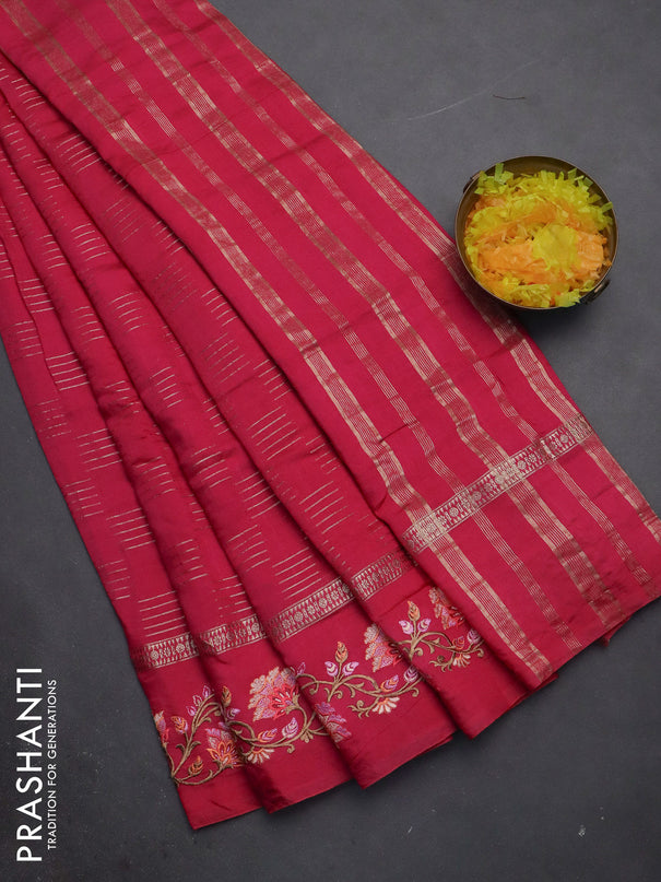 Semi chanderi saree pink with allover zari woven geometric weaves and floral embroidery border