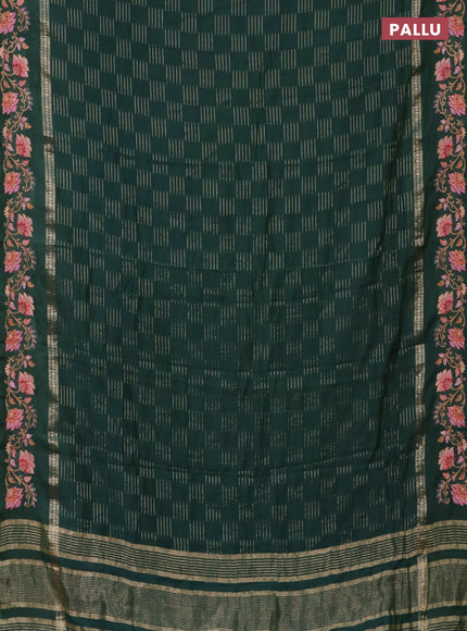 Semi chanderi saree green with allover zari woven geometric weaves and floral embroidery border