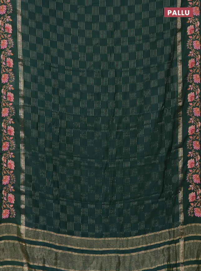 Semi chanderi saree green with allover zari woven geometric weaves and floral embroidery border