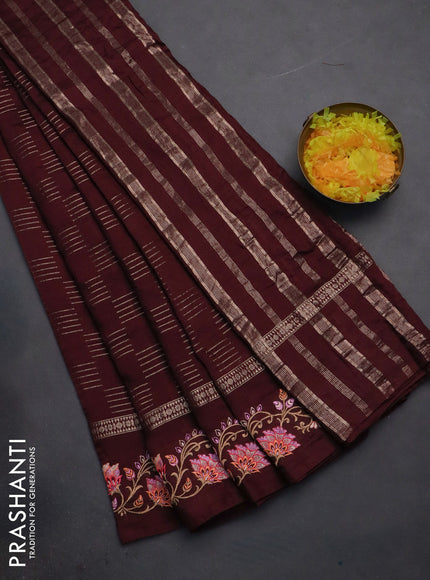 Semi chanderi saree deep maroon with allover zari woven geometric weaves and floral embroidery border