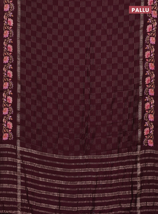 Semi chanderi saree deep maroon with allover zari woven geometric weaves and floral embroidery border