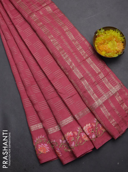 Semi chanderi saree peach pink with allover zari woven geometric weaves and floral embroidery border