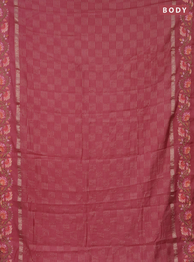 Semi chanderi saree peach pink with allover zari woven geometric weaves and floral embroidery border