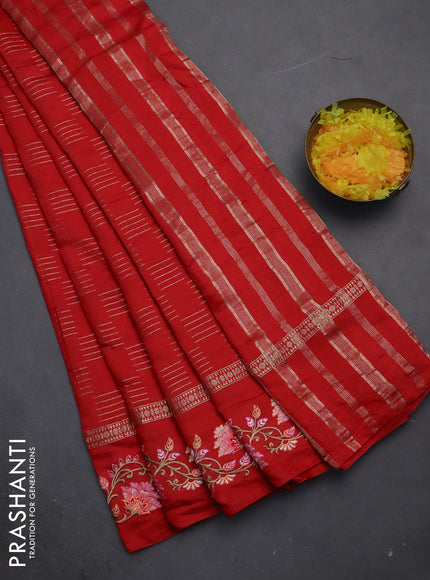 Semi chanderi saree red with allover zari woven geometric weaves and floral embroidery border