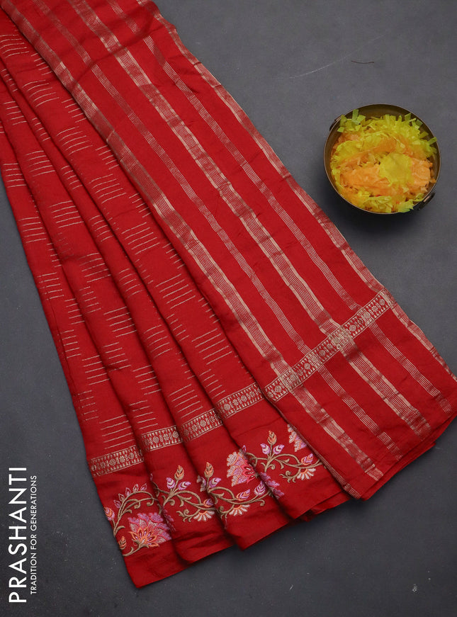 Semi chanderi saree red with allover zari woven geometric weaves and floral embroidery border