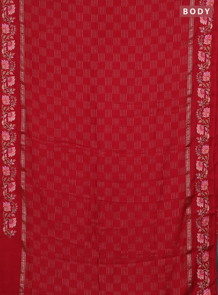 Semi chanderi saree red with allover zari woven geometric weaves and floral embroidery border