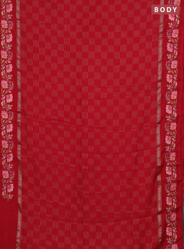 Semi chanderi saree red with allover zari woven geometric weaves and floral embroidery border