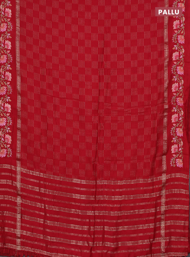 Semi chanderi saree red with allover zari woven geometric weaves and floral embroidery border