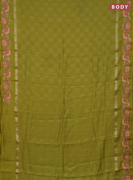 Semi chanderi saree lime green with allover zari woven geometric weaves and floral embroidery border