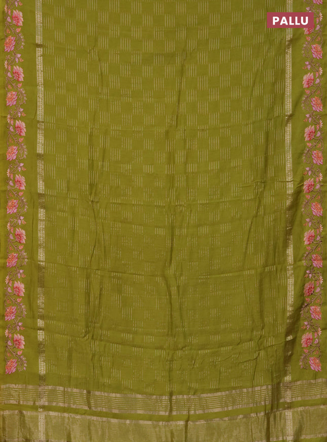 Semi chanderi saree lime green with allover zari woven geometric weaves and floral embroidery border