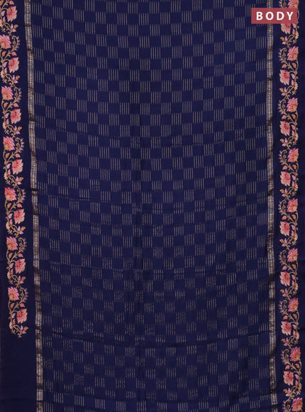 Semi chanderi saree dark blue with allover zari woven geometric weaves and floral embroidery border