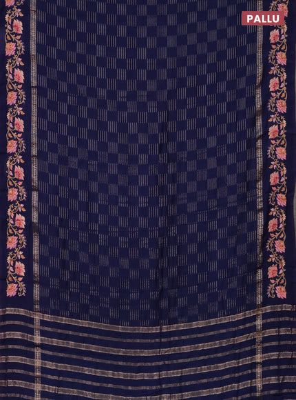 Semi chanderi saree dark blue with allover zari woven geometric weaves and floral embroidery border