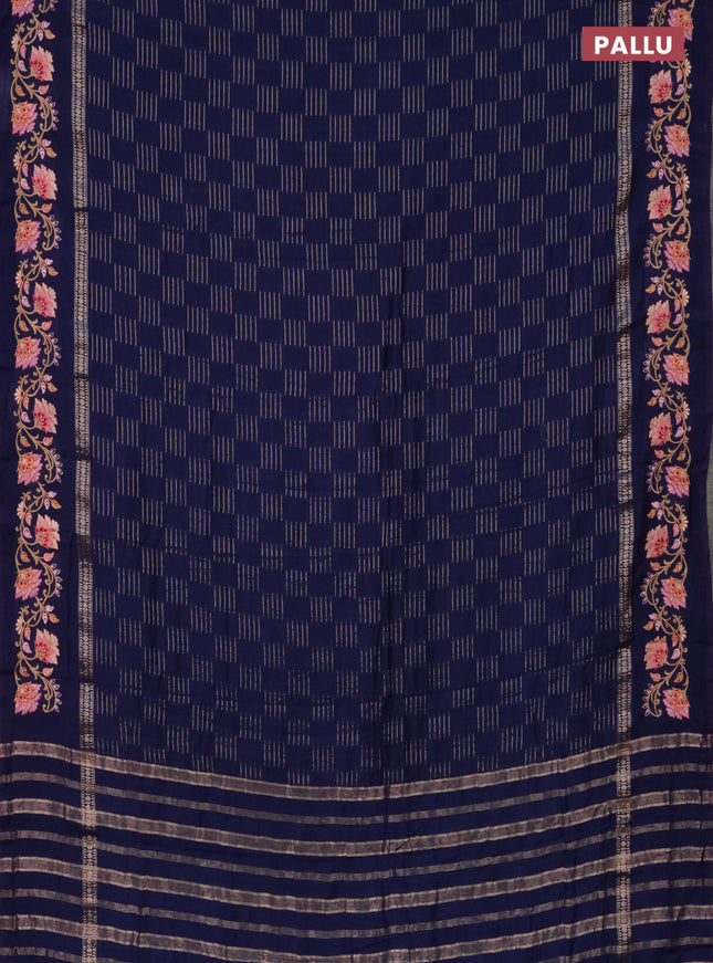 Semi chanderi saree dark blue with allover zari woven geometric weaves and floral embroidery border