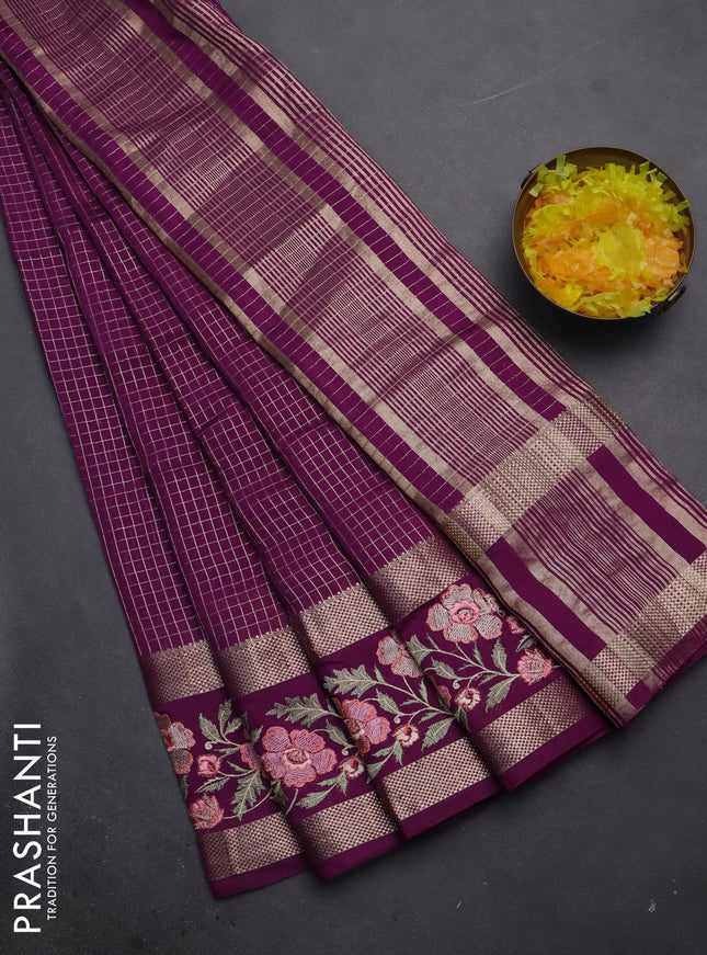 Semi chanderi saree purple with allover zari checked pattern and floral embroidery border