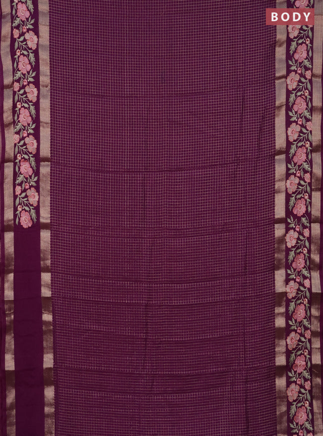 Semi chanderi saree purple with allover zari checked pattern and floral embroidery border