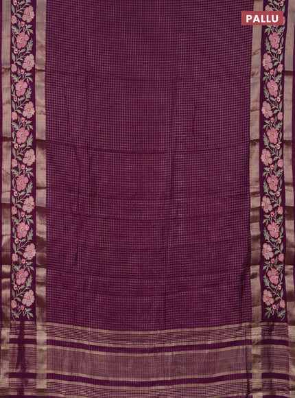 Semi chanderi saree purple with allover zari checked pattern and floral embroidery border