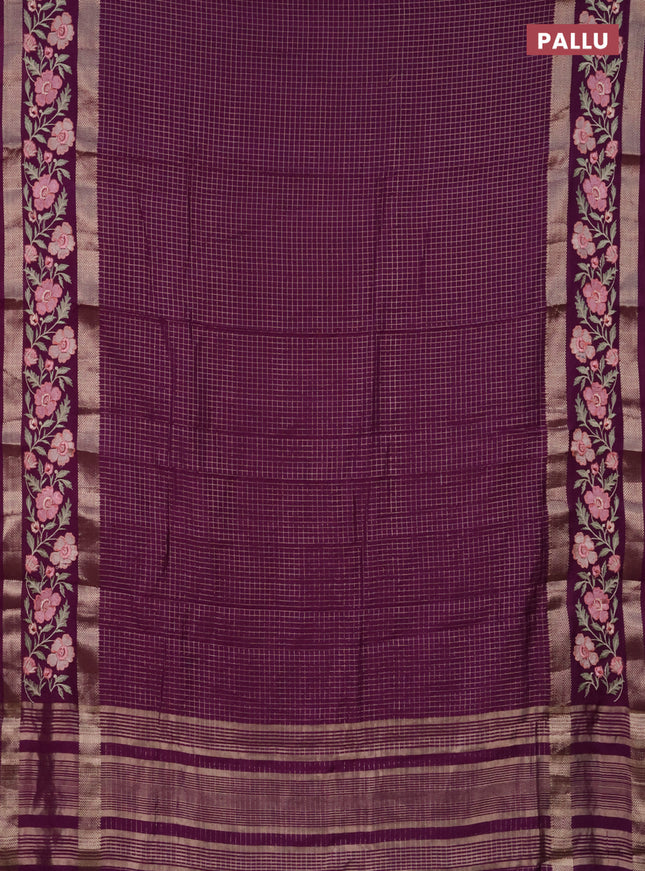 Semi chanderi saree purple with allover zari checked pattern and floral embroidery border