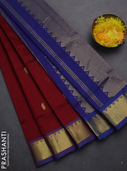 Silk cotton saree maroon and blue with paisley zari woven buttas and zari woven buttas