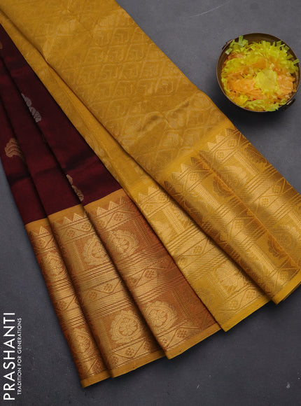 Silk cotton saree maroon and mustard yellow with silver & gold zari woven buttas and long zari woven border