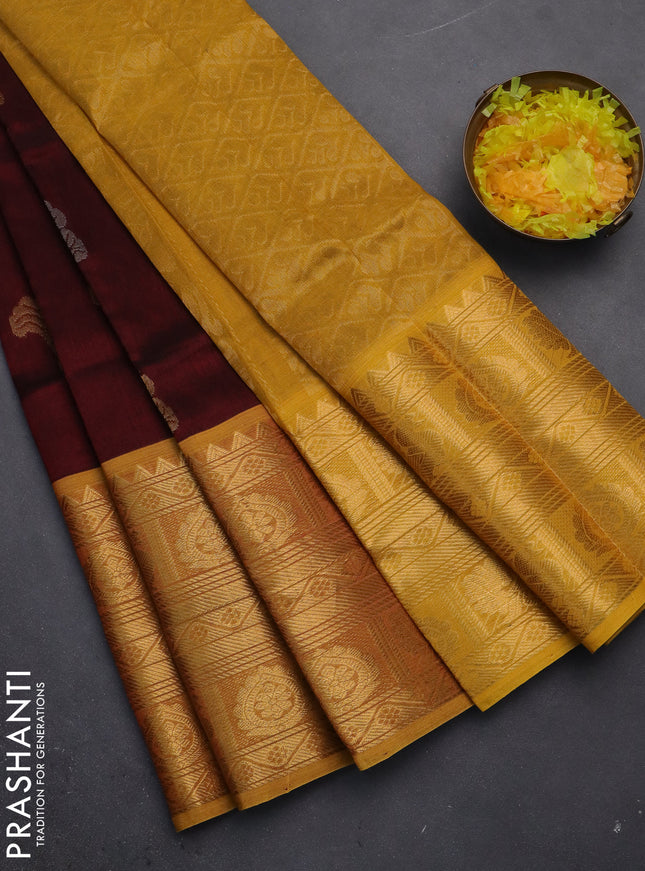 Silk cotton saree maroon and mustard yellow with silver & gold zari woven buttas and long zari woven border