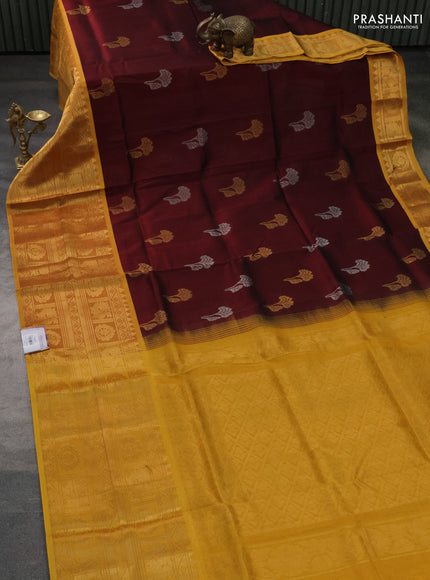 Silk cotton saree maroon and mustard yellow with silver & gold zari woven buttas and long zari woven border