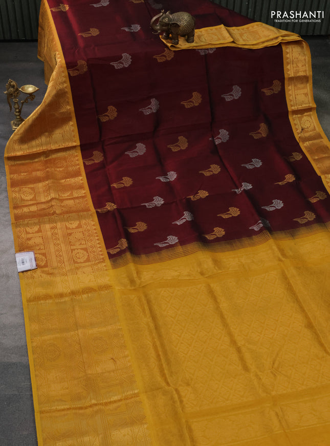 Silk cotton saree maroon and mustard yellow with silver & gold zari woven buttas and long zari woven border