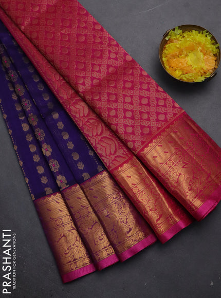 Silk cotton saree blue and pink with allover zari woven butta weaves and long zari woven border