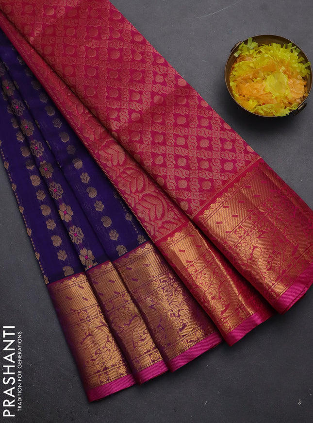 Silk cotton saree blue and pink with allover zari woven butta weaves and long zari woven border