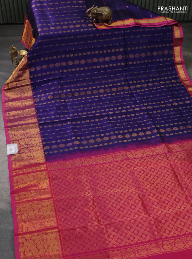 Silk cotton saree blue and pink with allover zari woven butta weaves and long zari woven border