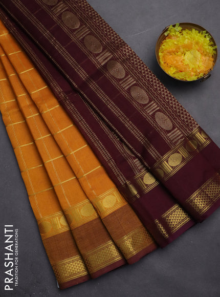 Silk cotton saree mango yellow and deep maroon with allover zari checked pattern and rettapet zari woven border