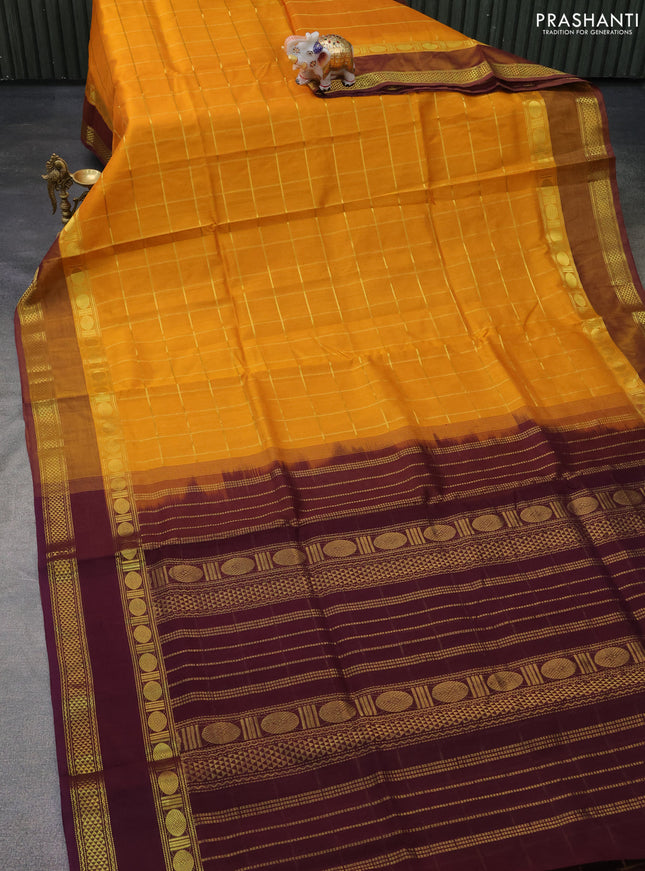 Silk cotton saree mango yellow and deep maroon with allover zari checked pattern and rettapet zari woven border
