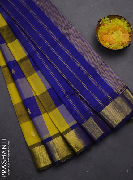 Silk cotton saree lime yellow and blue with allover paalum pazhamum checks & buttas and zari woven border