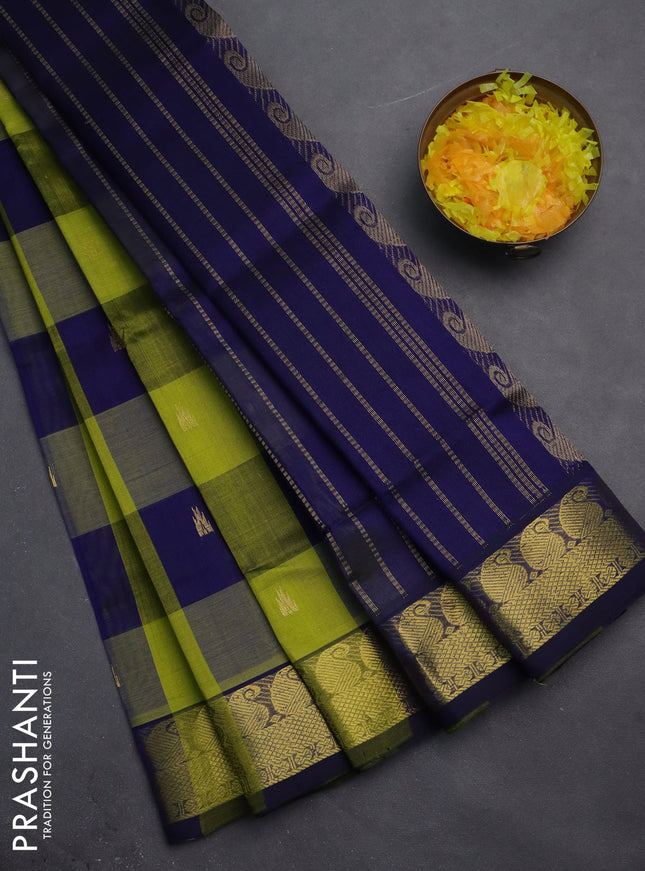 Silk cotton saree lime green and blue with allover paalum pazhamum checks & buttas and zari woven border